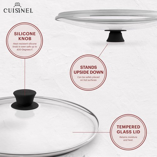 Cuisinel Cast Iron Skillet with Lid - 12"-Inch Frying Pan + Glass Cover + Silicone Handle Holder - PFAS and PFOA-free Pre-Seasoned Oven Safe Cookware - Indoor/Outdoor Use - Grill, BBQ, Fire, Stovetop