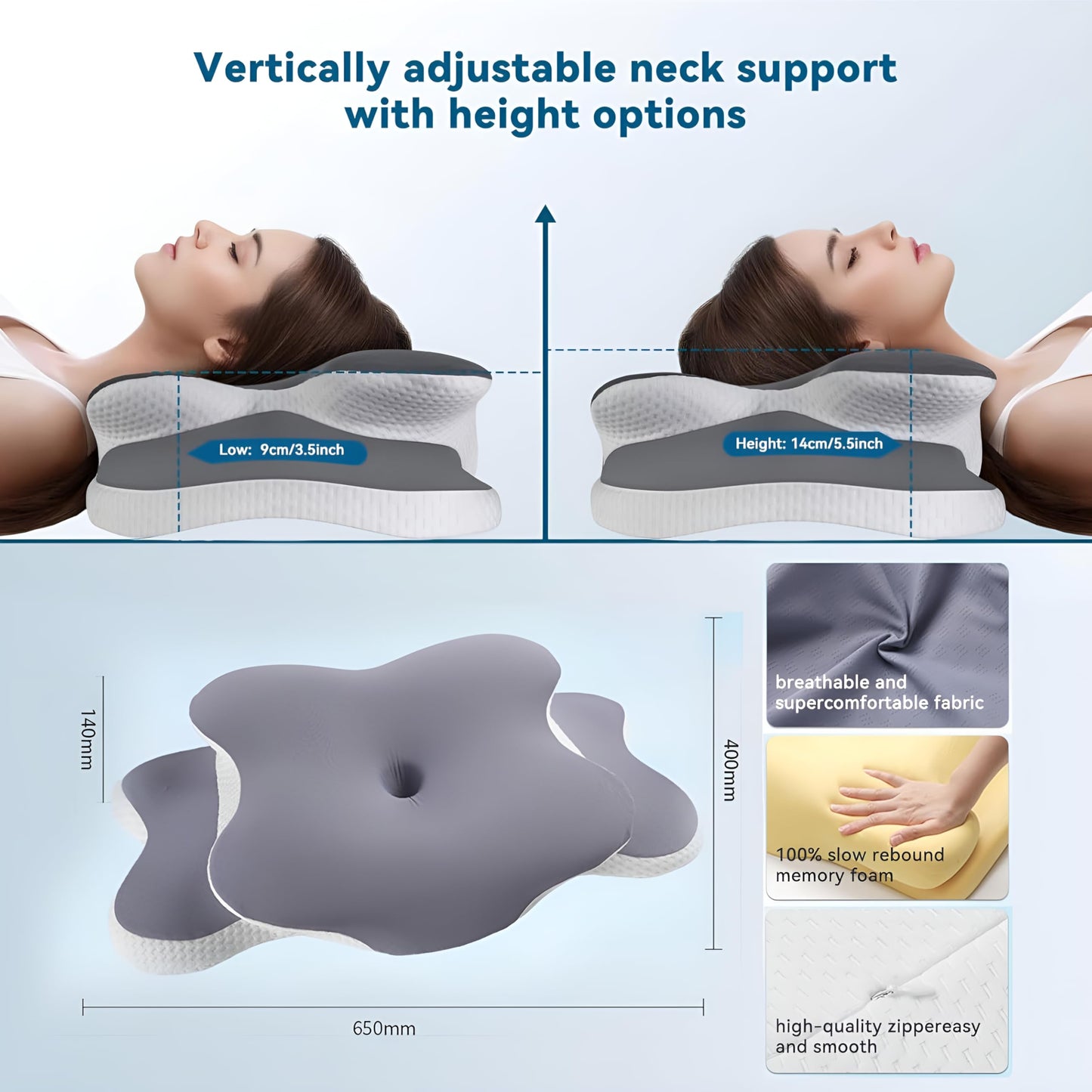 RUFOUS Orthopedic Cervical Pillow for Neck Pain Relief – Adjustable Contour Memory Foam, Dual-Height (4.3"/3.5"), Cooling Washable Cover, Orthopedic Neck Support for Side & Back Sleepers