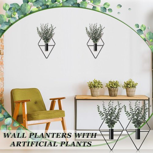 Jexine Hanging Planters - 4 Pcs Metal Eucalyptus Vases for Modern Indoor Decor | Black Geometric Design