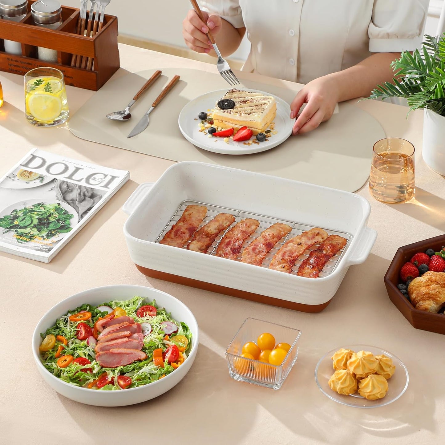 MALACASA 4.8 Qt Ceramic Baking Dish - Deep Roasting Pan with Stainless Steel Rack & Handles | Khaki & White