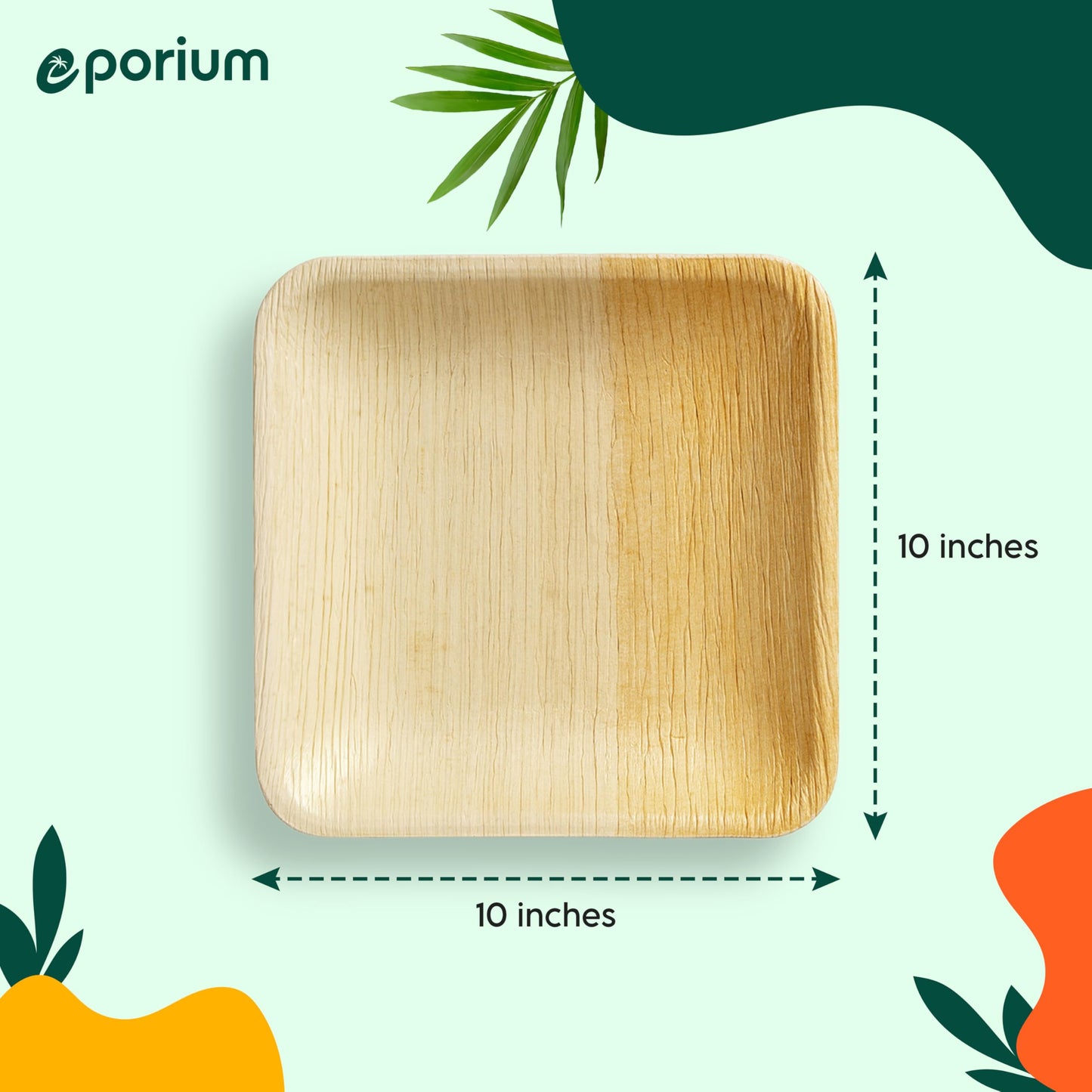 EPORIUM 10 Inch Square Palm Leaf Plates (50-Pack) I Compostable Disposable Dinnerware | Premium Quality I Eco-Friendly Sustainable Heavy Duty like Bamboo Plate I Disposable Tableware for Party