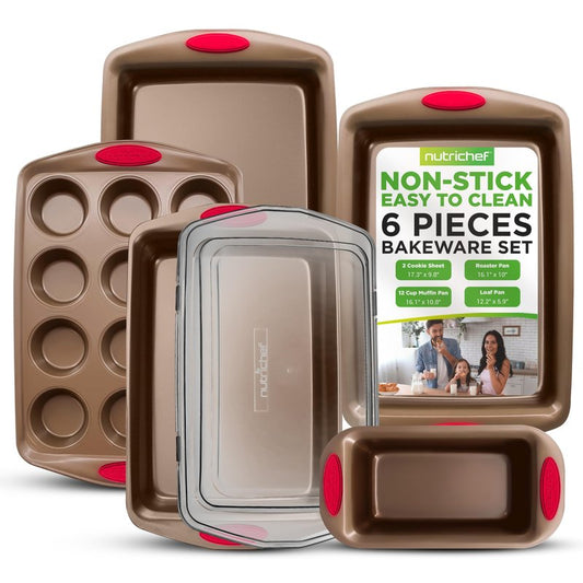 NutriChef 6-Piece Baking Pan Set - PFOA, PFOS, PTFE Free Flexible Nonstick Golden Coating Carbon Steel Bakeware - Professional Home Kitchen Bake Cookie Sheet Stackable Tray w/Red Silicone Handles
