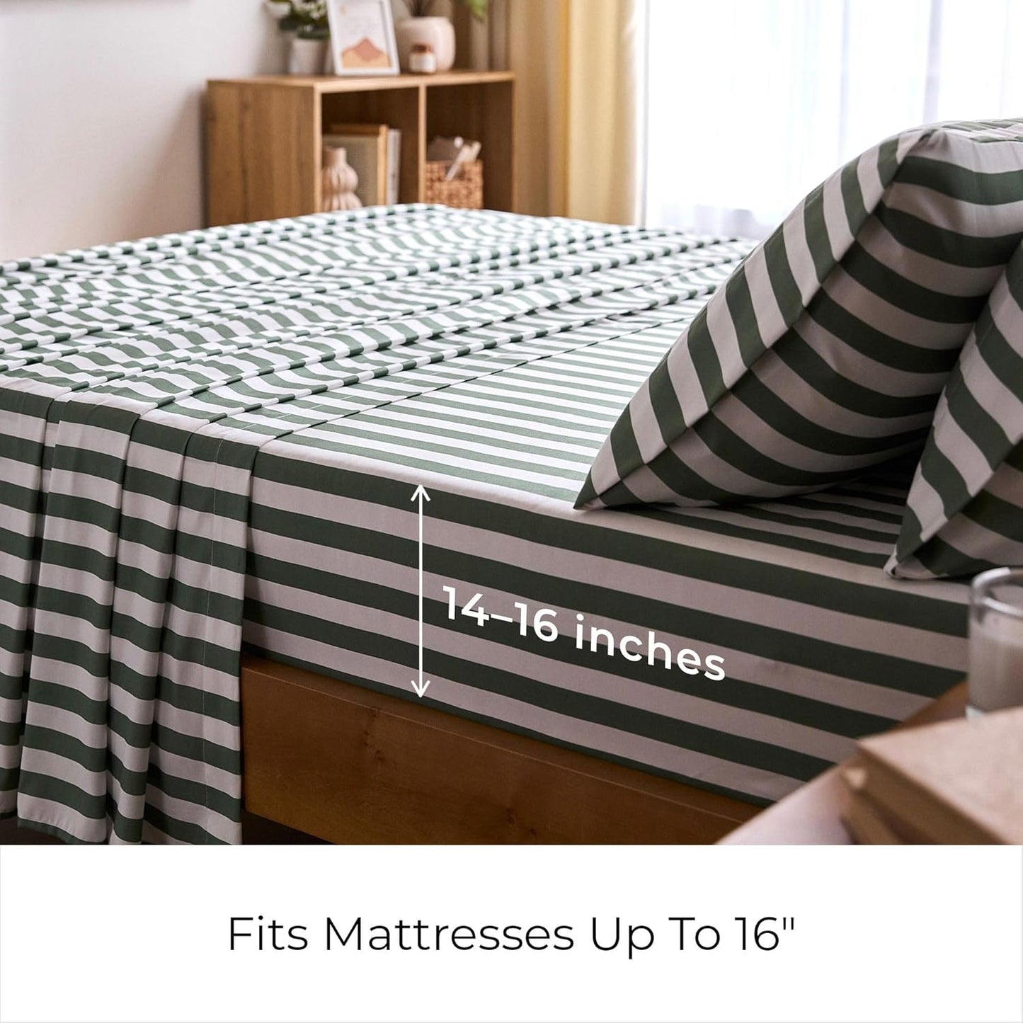 Mellanni Full Sheets Set - 4 PC Hotel Luxury Bedding - Extra Soft, Cooling, Wrinkle Resistant (Oxford Stripe Sage)