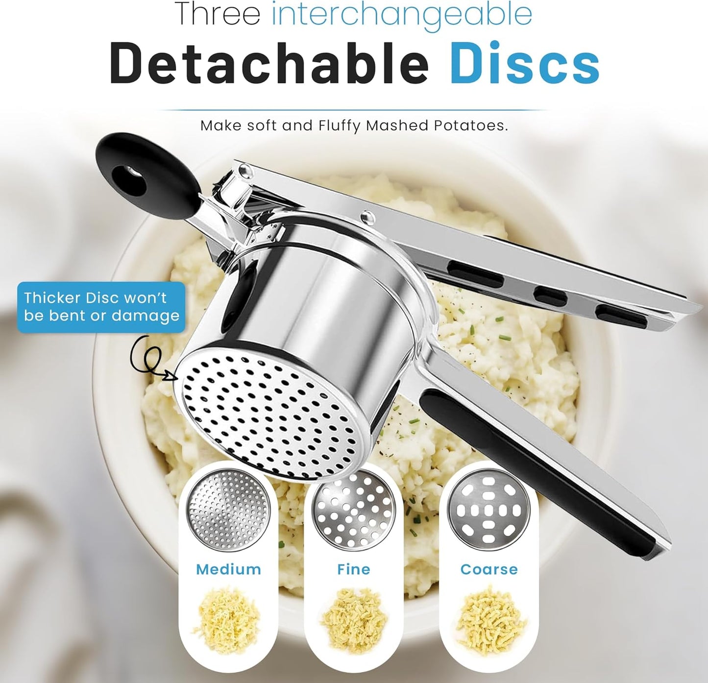 Potato Ricer - Heavy Duty Stainless Steel with 3 Interchangeable Discs & Non-Slip Handles | Perfect for Fluffy Mashed Potatoes, Black