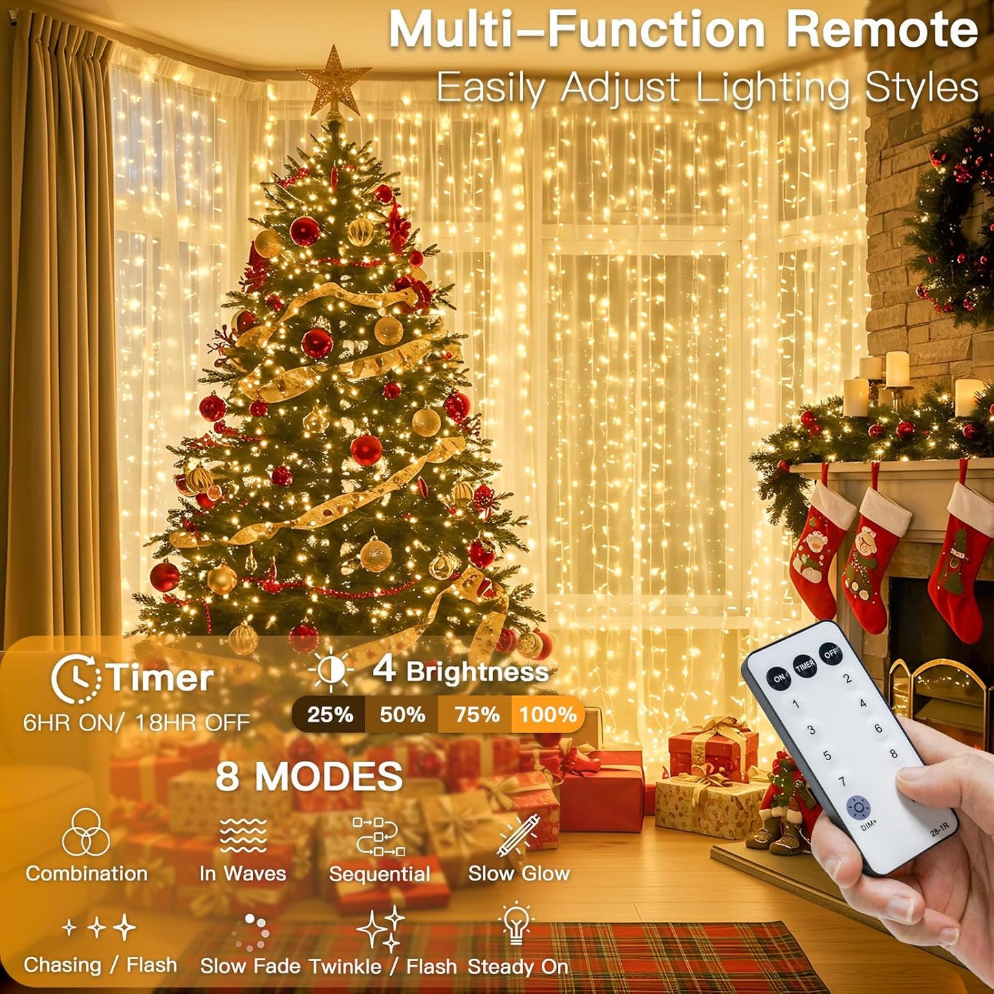 Suddus 600 LED Christmas Curtain Lights - 9.8x19.6ft Outdoor Wall Hanging Lights with Remote | Warm White Decor for Weddings, Parties, and More