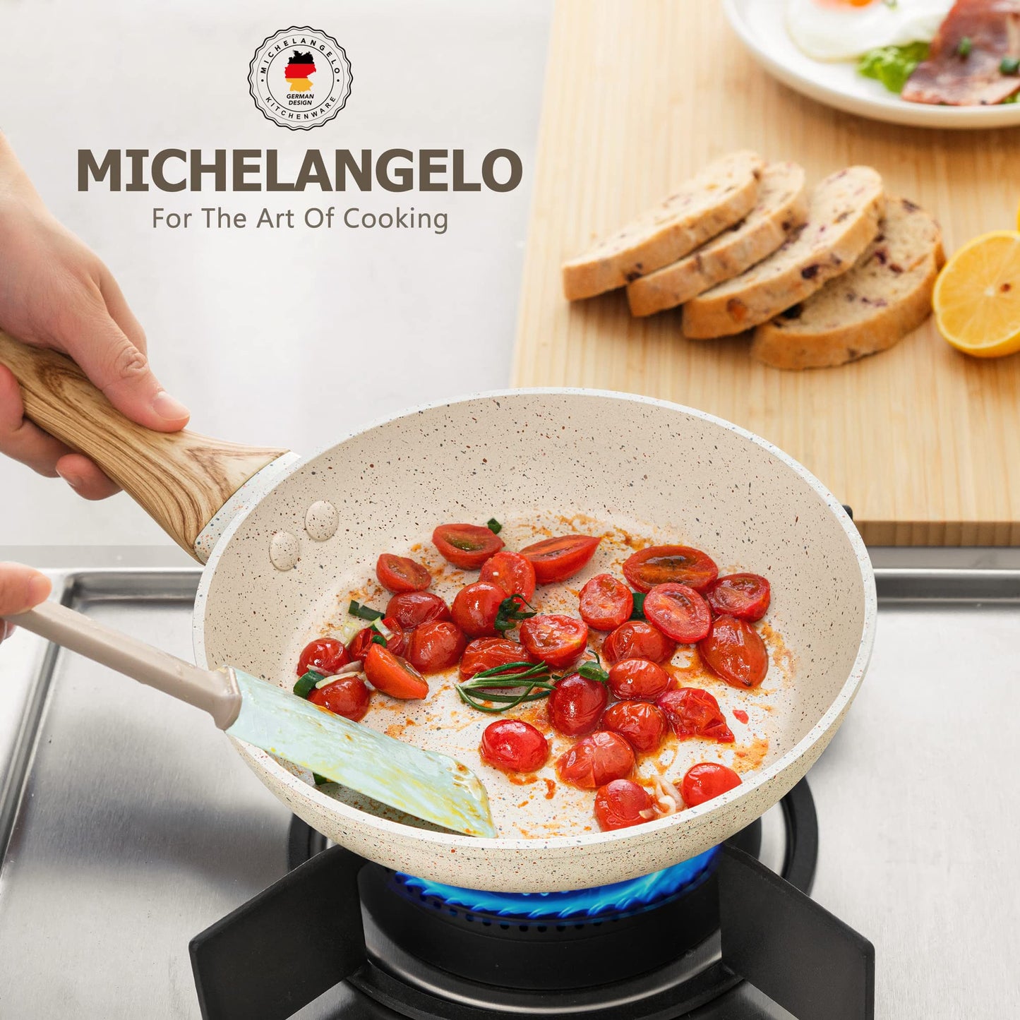 MICHELANGELO 10 Inch Nonstick Frying Pan with Lid, Non Stick Pan with Non-Toxic Coating, Granite Skillet with Anti-Scald Handle, Induction Compatible