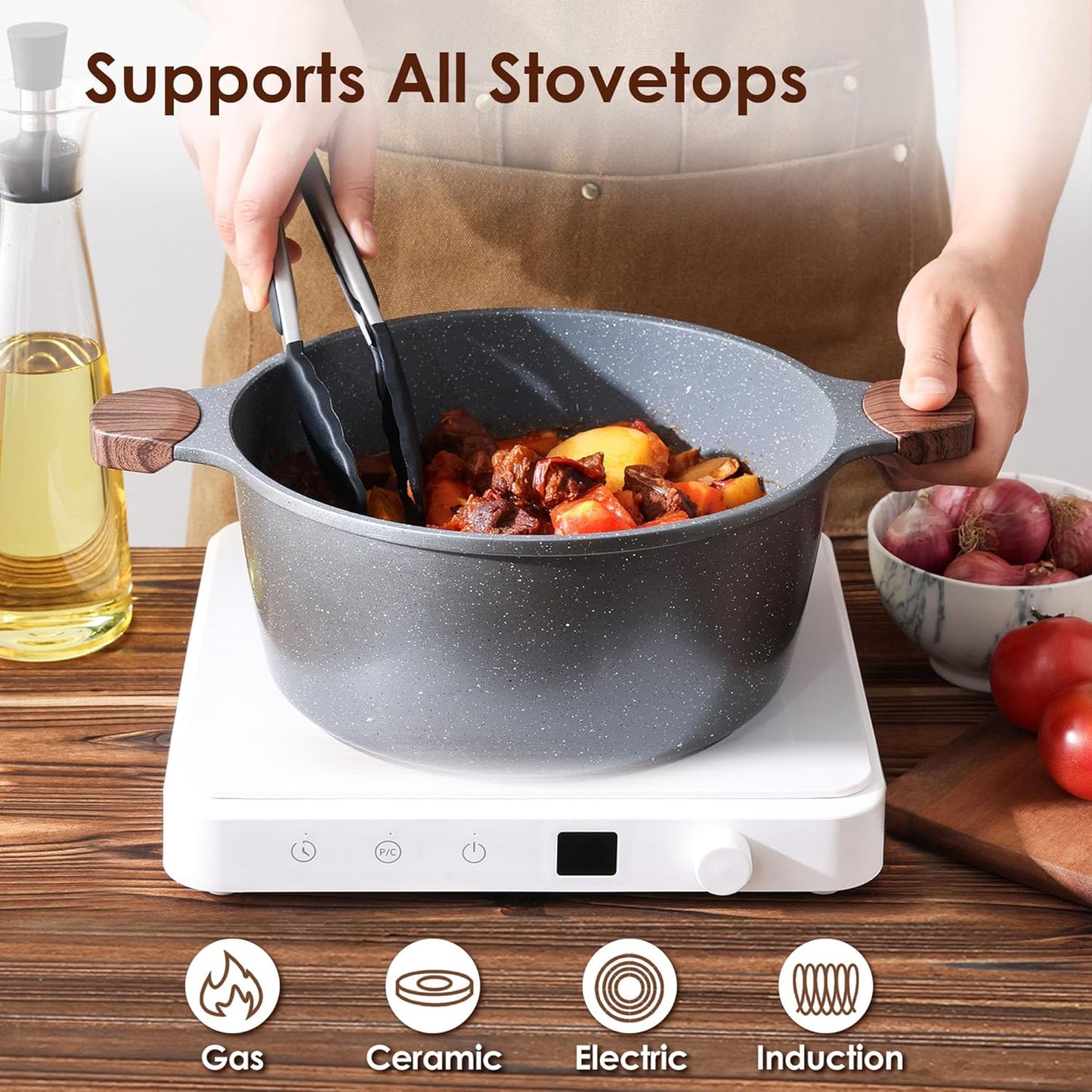 SENSARTE Nonstick Stock Pot - 4.5 Quart Induction Cooking Pot with Tempered Glass Lid | Gray, PFOA-Free