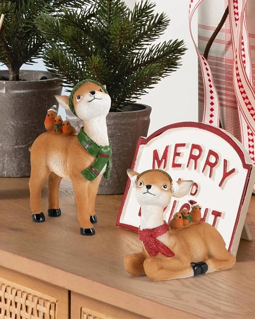 iStatue Buck and Doe Deer Set - Hand-Painted 5.5'' Resin Reindeer Figures for Christmas Home Decor