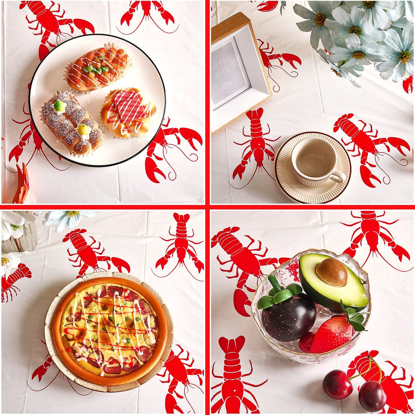 Touman 2 Pieces Crawfish Tablecloth Birthday Party Lobster Table Covers White and Red Crawfish Table Cloth for Party Decoration Supplies, 108 x 54 inches,White,red
