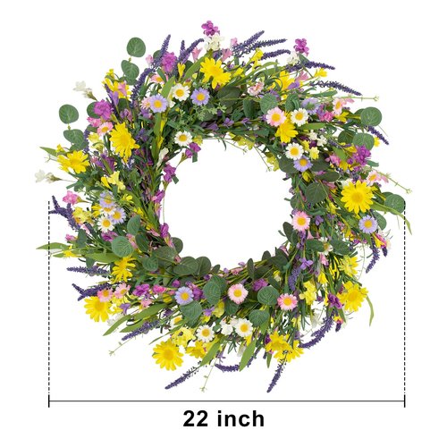 J'FLORU Spring Wreaths for Front Door 22 Inch Artificial Summer Wreath Daisy and Lavender Wreath with Wildflowers for Home Wall Farmhouse Springtime Easter Holiday Party