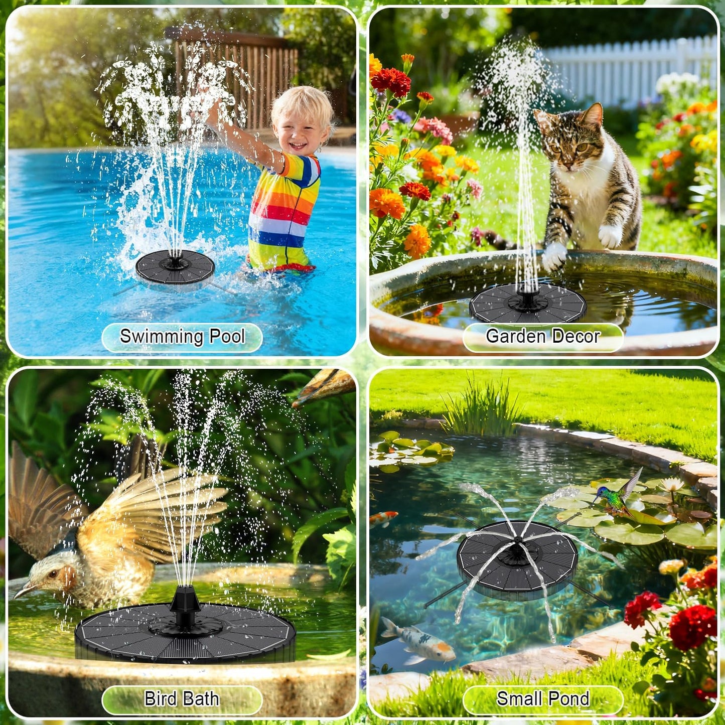 SZMP Solar Fountain - 3 Spray Heights & 7 Nozzles | 3.5W Glass Bird Bath Pump for Garden, Pool, Pond