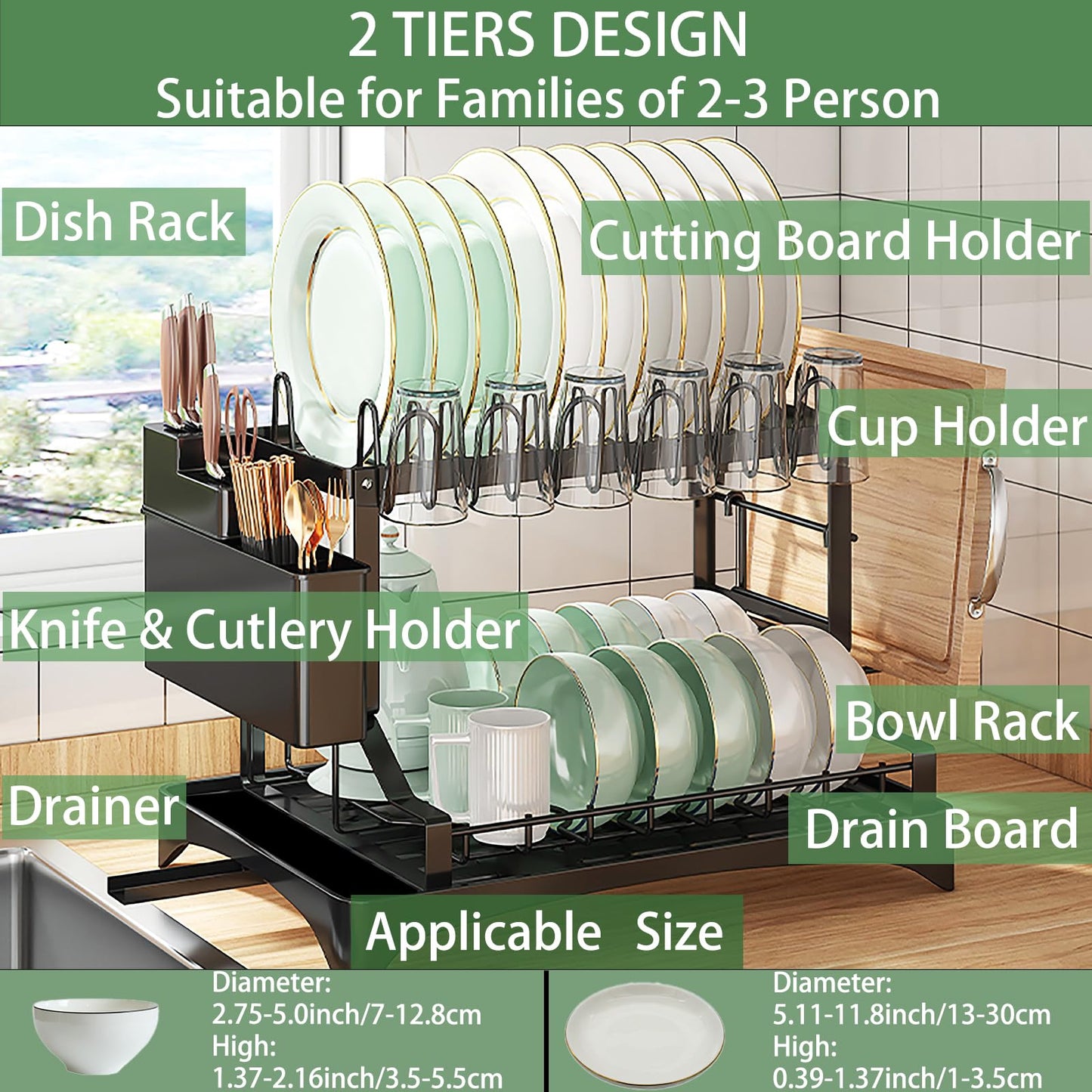 BOOLKER Dish Drying Rack, 2 Tier Dish Racks for Kitchen Counter, Detachable Dish Drainer Organizer with Utensil Holder, Drying Rack with Drain Board, Black, A Mat for Cutting Board