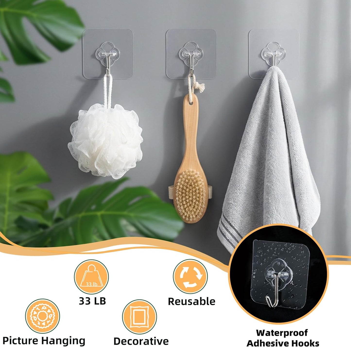 Skiennix Adhesive Wall Hooks - 50 Pack Heavy Duty Waterproof & Rustproof Clear Utility Hooks for Home & Office