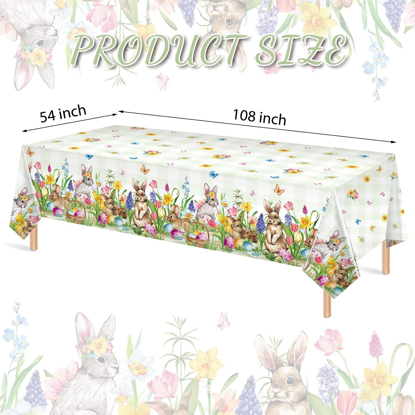 Riakrum 3 Pcs Easter Tablecloth Rectangle Plastic Bunny Eggs Table Cover Floral Table Cloth for Happy Easter Spring Holiday Party Decoration and Supplies, 54 x 108 Inch (Floral Bunny)
