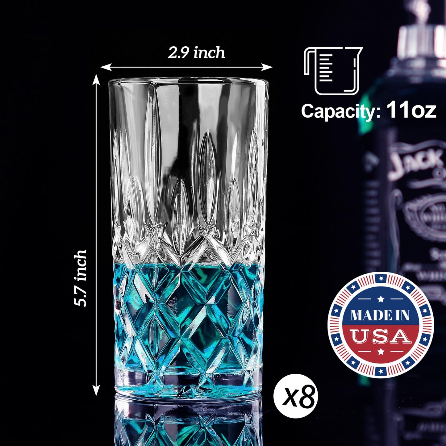 Claplante Crystal Highball Glasses, Set of 8 Glass Drinking Glasses, 11 oz Durable Drinkware Cups for Cocktails, Water, Juice, Beer, Wine-Special Edition Glassware Set, Dishware, Dishwasher Safe