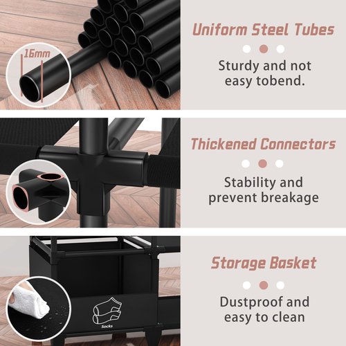 Jofuler Portable Closet, Easy Assembly, Large Capacity Wardrobe Closet, Sturdy and Stable Clothes Rack with Shelves 4 Storage Baskets and 2 Hanging Rods, for Bedroom and Cloakroom Black