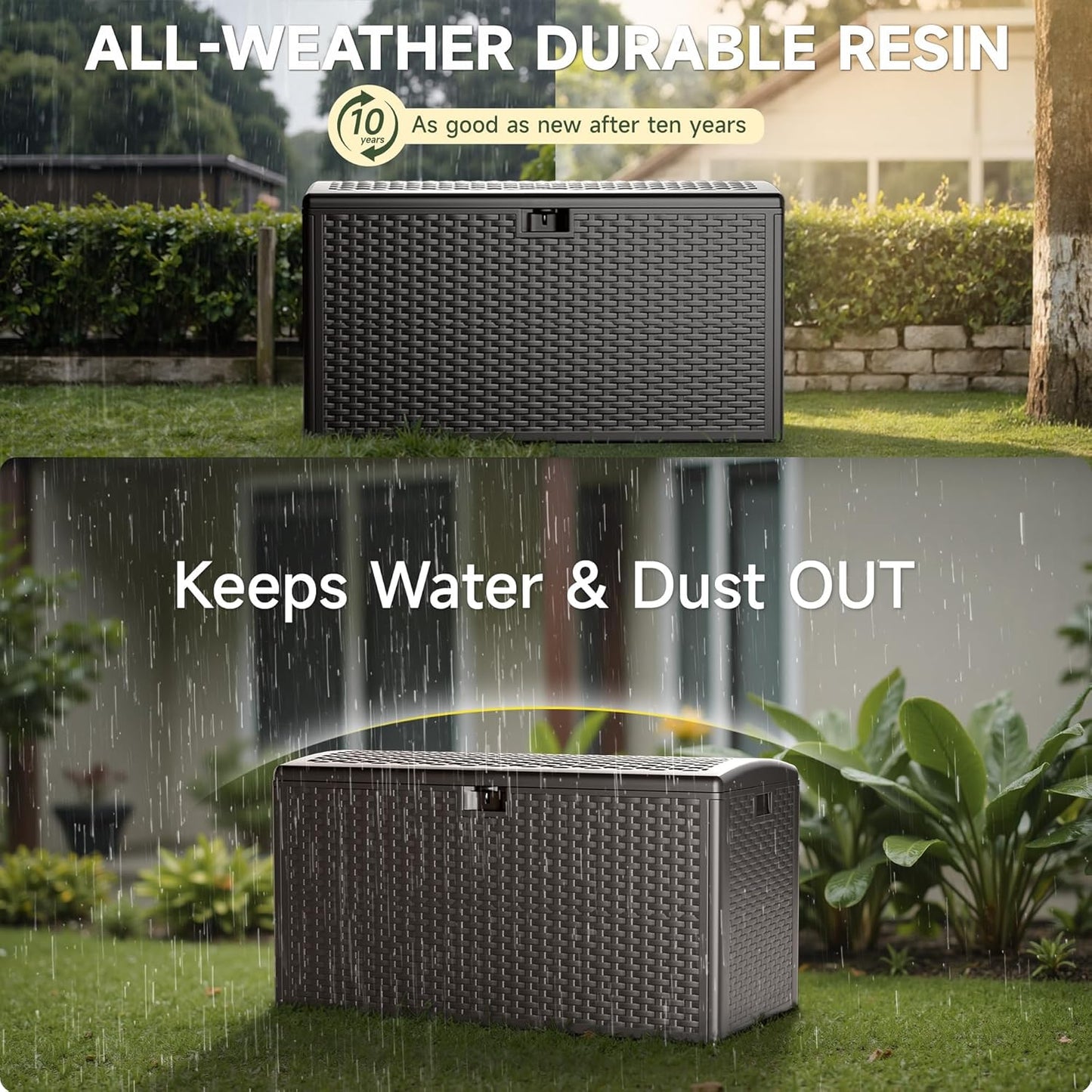 Skiennix 90 Gallon Deck Box - Lockable Lid, Waterproof Resin with UV Protection for Patio & Garden Storage (Brown)