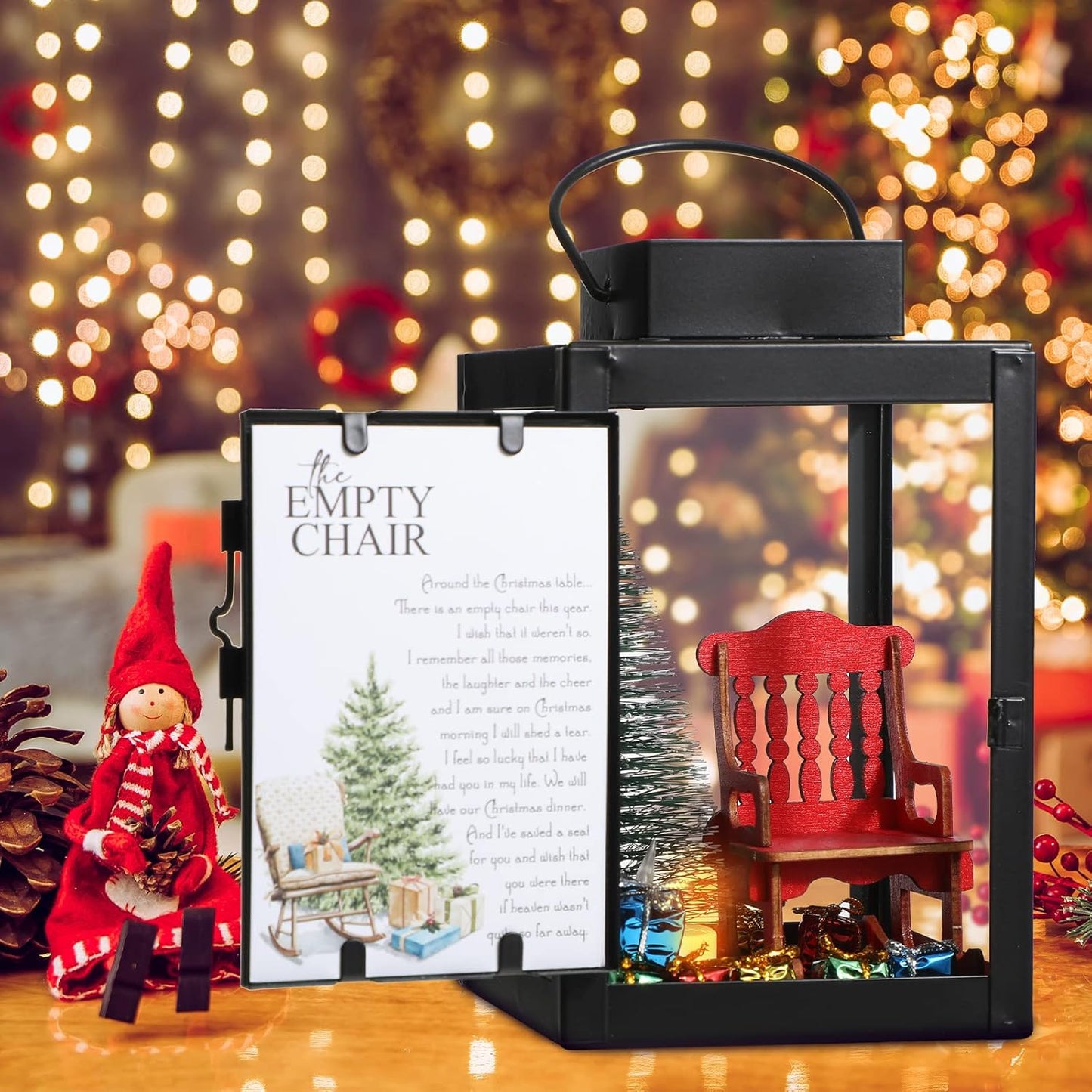 Roowest Memorial Lantern - Christmas In Heaven Decor with LED Candle & Mini Tree | 13-Piece Set