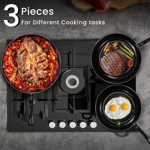 Gymdin Nonstick Frying Pans Set of 3 - Carbon Steel Frying Pans with PFOA-Free Coating, Durable, Even-Heating, Stay-Cool Handle, Include 2 Spatulas & 7.9, 10.2, 11.8 Inch Skillets for All Stovetops