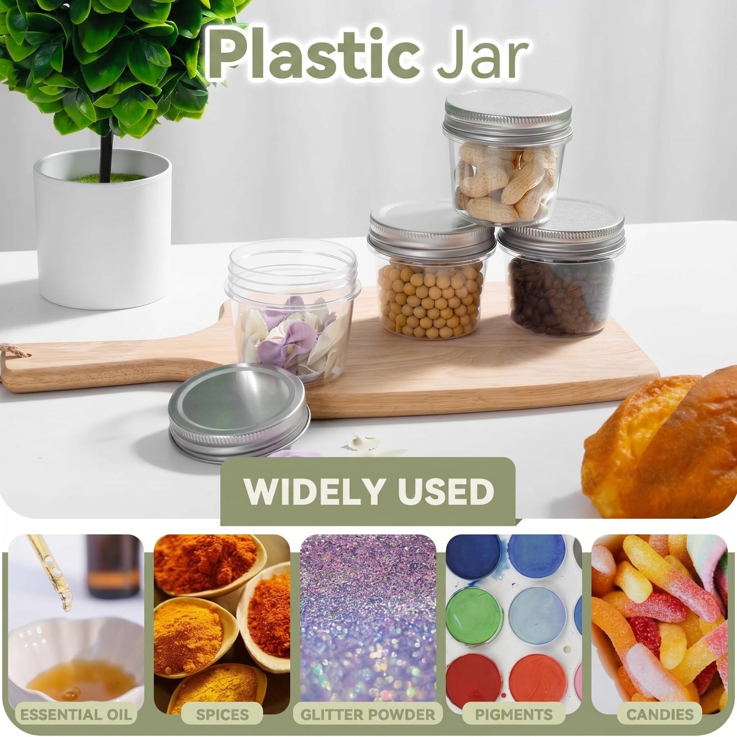 novelinks 4 oz Small Plastic Jars with Lids, 20 Pack Mini Plastic Mason Jars with Lids 4oz, Craft Storage Containers & Canning Jars & Small Spice Jars for Kitchen Organization (20 Pack,Silver)