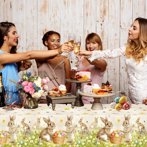 FUULOXE 4 Pcs Easter Plastic Tablecloth,54 x 108 Inch Disposable Religious Cross and Bunny Rectangle Table Cover for Indoor Outdoor Spring Easter Party Decorations