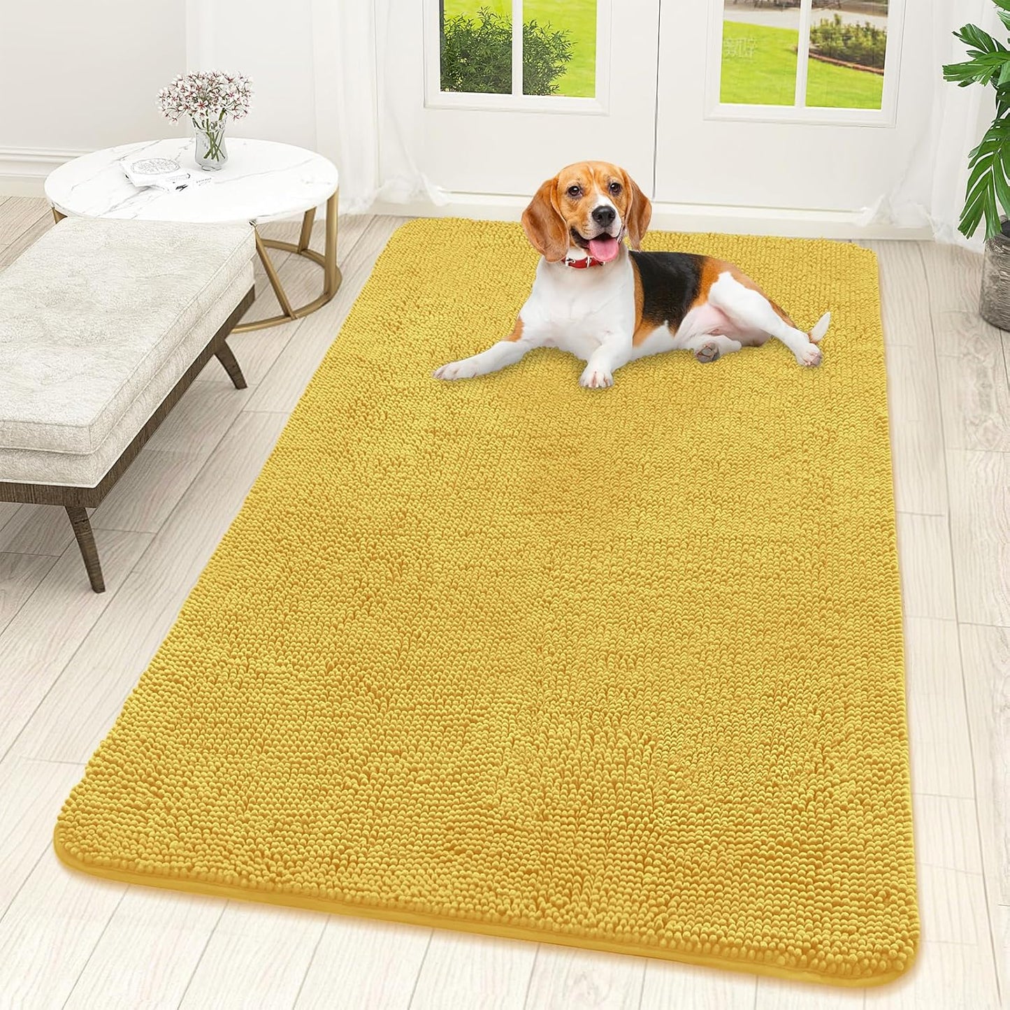 OLANLY Dog Door Mat - Absorbent Non-Slip Washable Doormat for Muddy Paws | 59x32 Yellow Chenille Mat