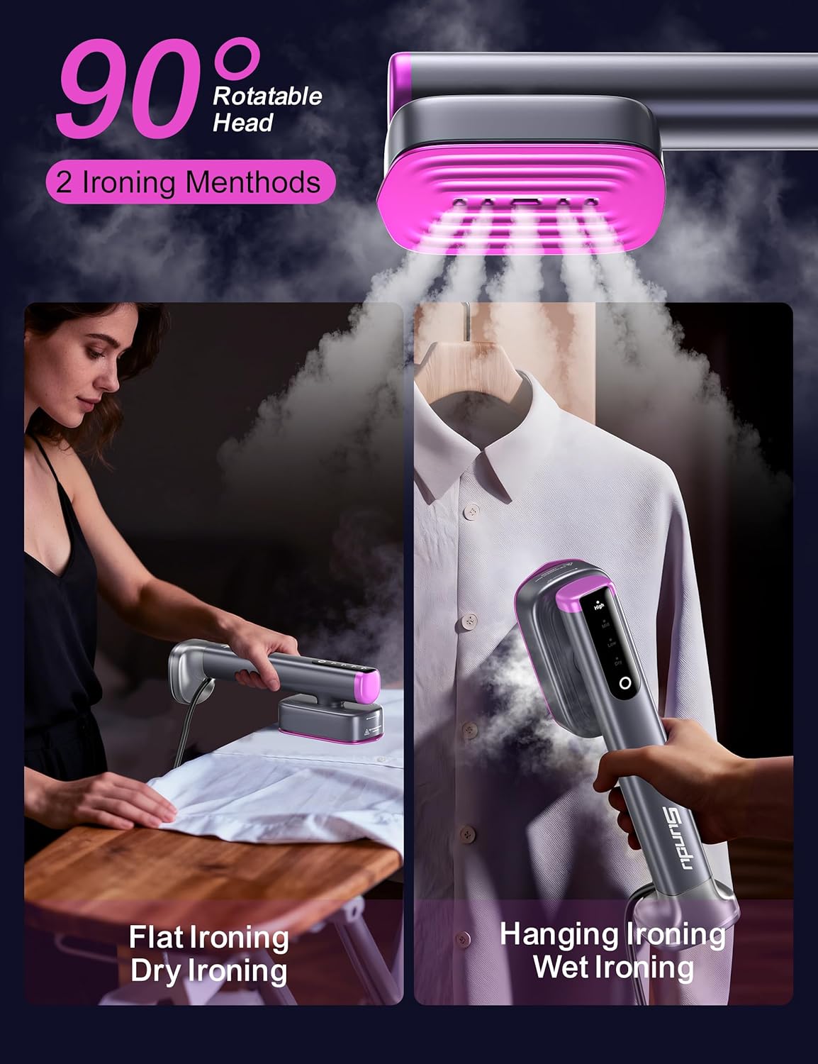 Sundu Travel Steamer for Clothes - Portable Handheld Design | Fast 15s Heat-Up, Dual Water Tanks, 45 Min Continuous Use (Grey)