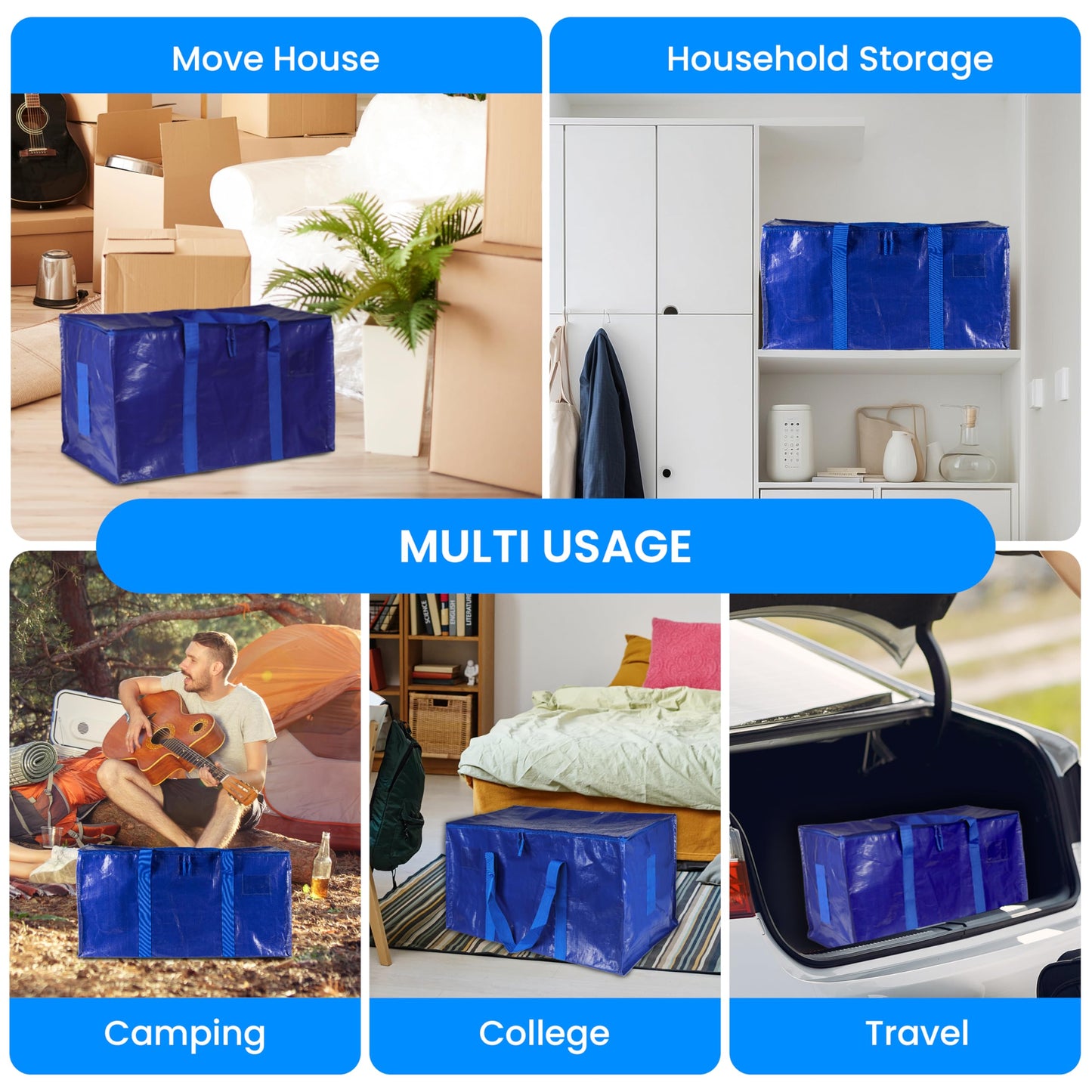 Simple Deluxe 4 Pack Moving Bags, Heavy Duty Storage Totes with Lids, Sturdy Handles& Zipper, Moving Boxes Alternative, Extra Large, for Clothes Packing, Moving Supplies, Blue