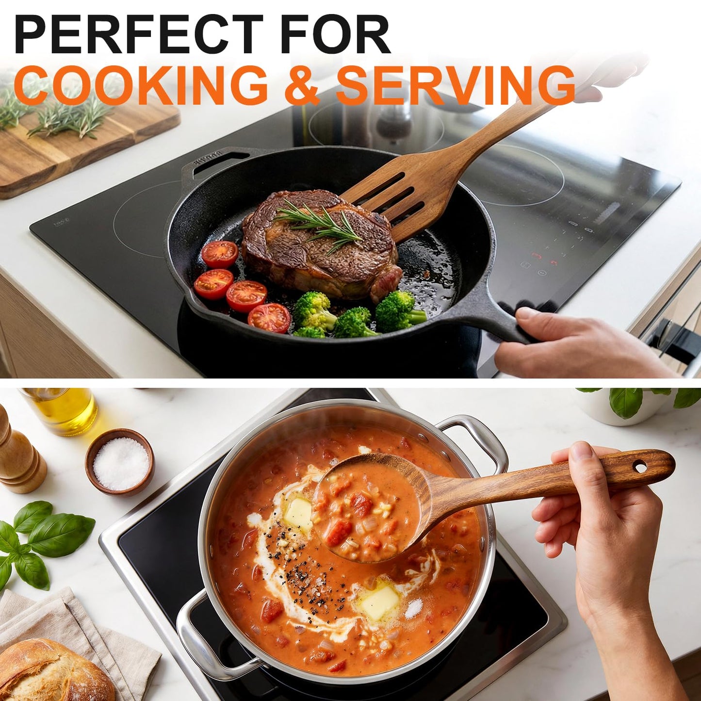 5 Pcs Best Wooden Spoons for Cooking Kitchen Utensils Set Acacia Wood Cooking Spatula Turner Non Toxic Utensil Slotted Serving Spoon Flat Spatulas Set Wooden Utensis Mixing Cooking Spoon Kitchen Tools