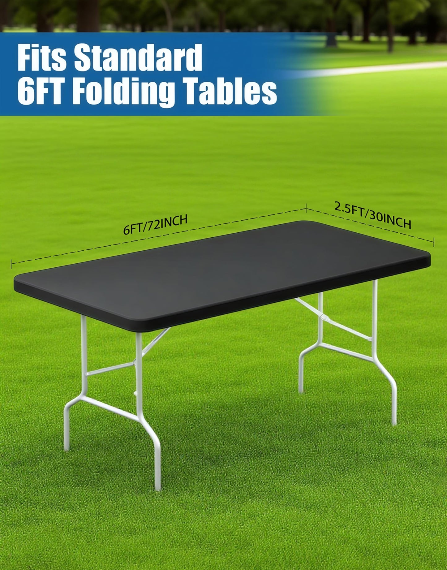 Lemict 6FT Picnic Black Spandex Table Cloth - 1 Pack Fitted Rectangle Tablecloth for Folding Tables, Washable Table Cover for Outdoor, Camping, Picnic, Banquet and Party(30" x 72")