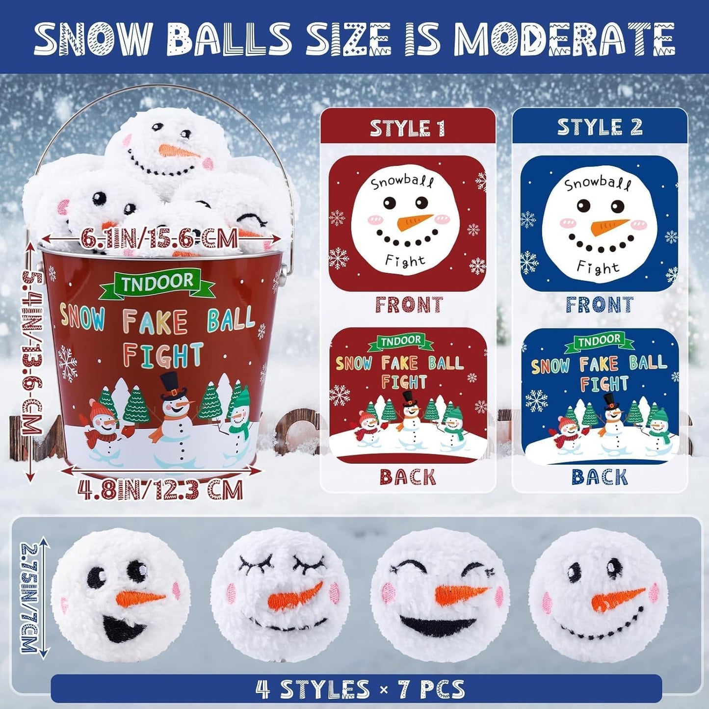Snow Fake Balls - 2.8 Inch Smiling Snowman Face Snowballs | Metal Bucket for Indoor/Outdoor Winter Fun