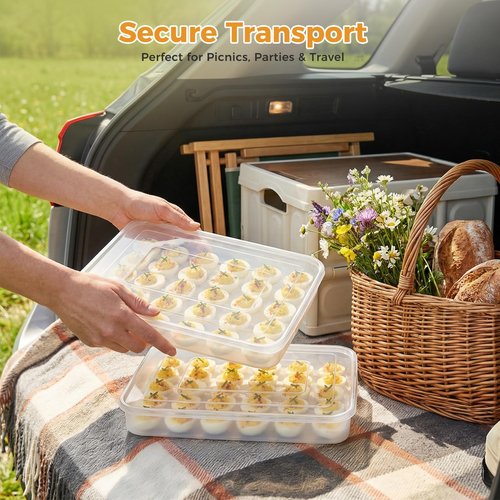 HANSGO Deviled Egg Containers with Lid, Set of 2, Plastic Clear Deviled Egg Tray Holder Carrier for 60 Eggs, Suitable for Refrigerator, Home, Party, Kitchen Supplies, Stackable & Portable