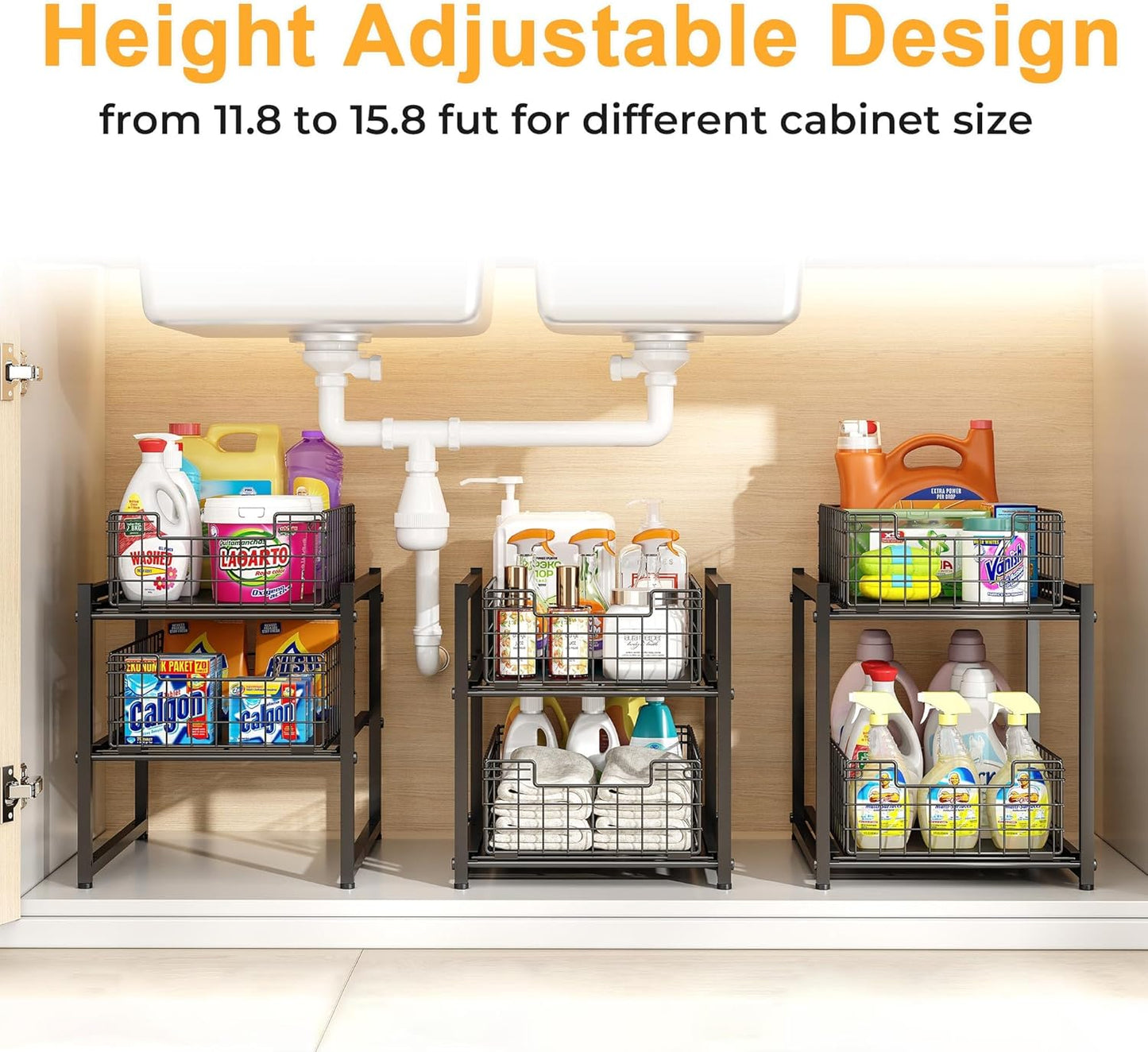 Under Sink Organizer by [Brand Name] - 2-Tier Adjustable Bathroom & Kitchen Storage | Sliding Drawers 13.8x11x15.8 Inch