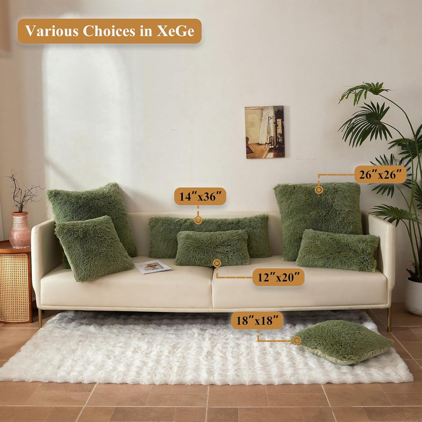 XeGe Fluffy Faux Fur Lumbar Pillow Cover - Cozy Moss Green Shaggy Design with Zipper | 14x36 Inches