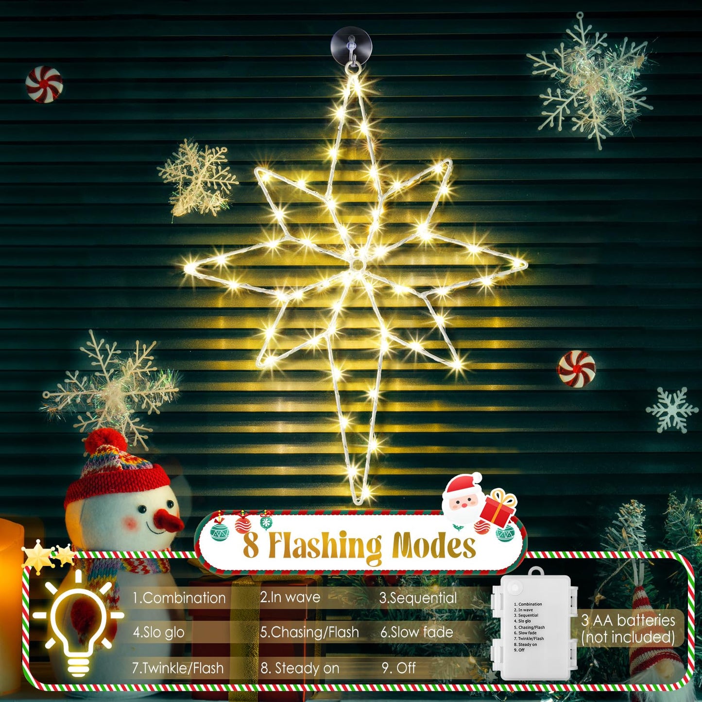 Hiboom Large 3 Pack Christmas Window Light Decorations, LED Bethlehem Christmas Star Window Silhouette Lights with Timer, 8 Models, Iron Frame, Battery Operated Lighted Xmas Star Decors(16 Inch)