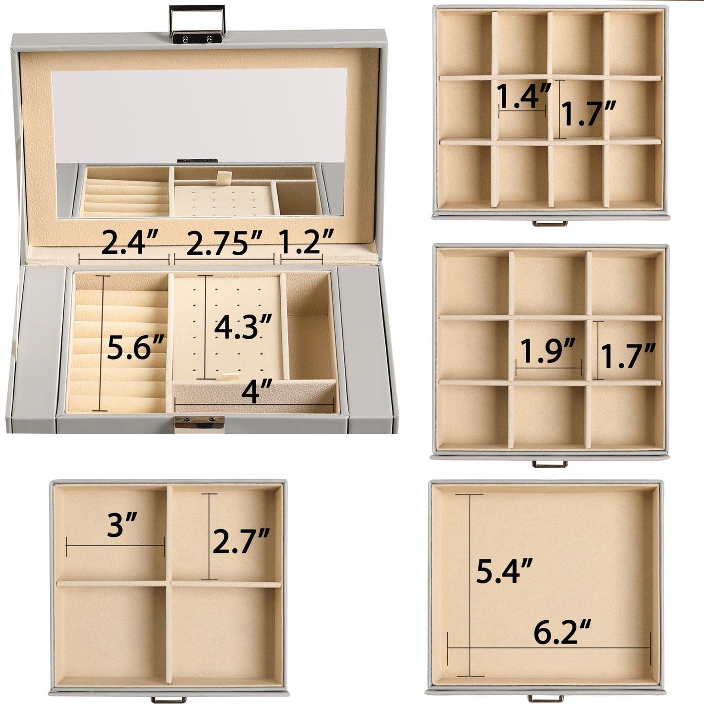 Frebeauty 5-layer Jewelry Box,Faux Leather Jewelry Organizer with 4 Drawers,Jewelry Organizers and Storage with Mirror,Jewelry Holder Organizer for Necklace,Jewerly Boxers for Women Girls(Grey)