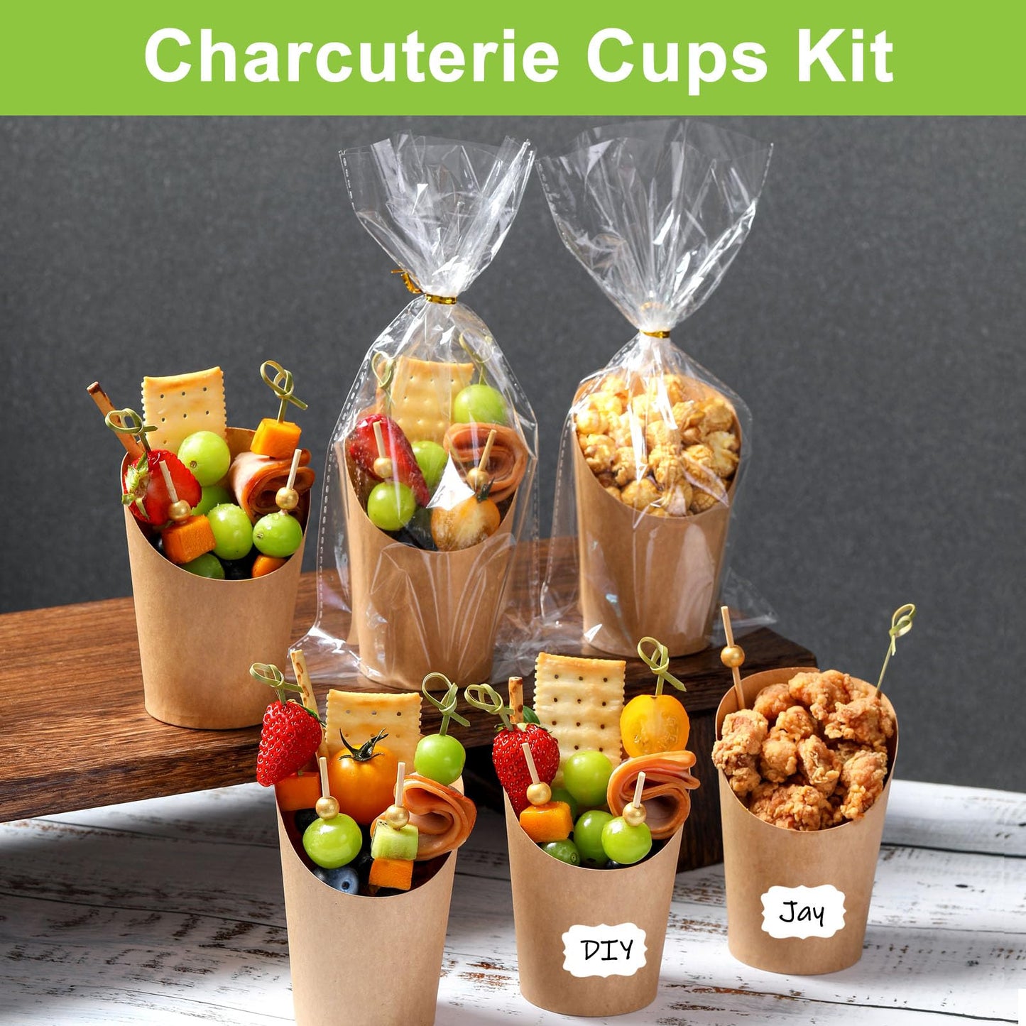 100 Pcs Charcuterie Cups with Sticks 12oz, Individual Disposable Handheld Holder with 100 Bags+100 Lables+200 Cocktail Skewers Tooth Picks, Paper Appetizer Board Snack Boxes for French Fry, Brown