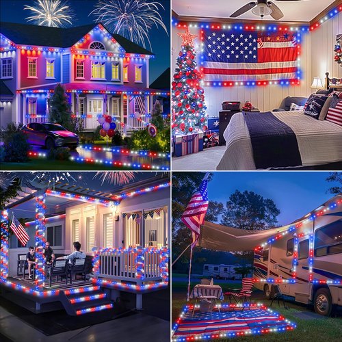 100ft LED Rope Lights Outdoor, 720 LED Connectable & Flexible Tube Lights with 8 Modes, Waterproof LED Rope Lighting for Independence Flag Day, Memorial Day, Outdoor,Indoor Decor (Red & White & Blue)