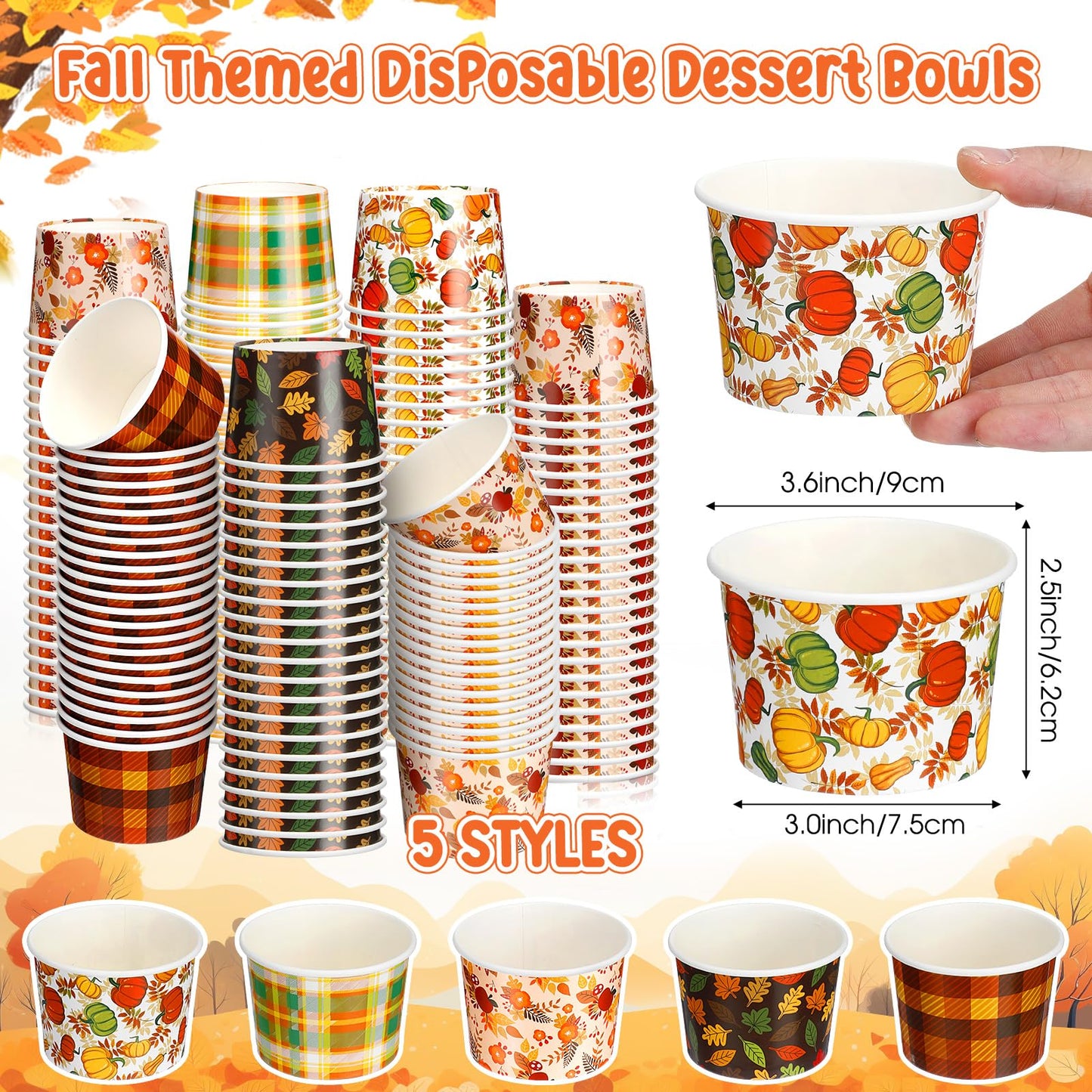 Uiifan 50 Pcs Fall Snack Cups 8 oz Disposable Pumpkin Bowls Maple Leave Plaid Thanksgiving Cups Disposable Dessert Fall Party Bowls for Ice Cream Soup Hot Cold Food Party Supplies 5 Styles