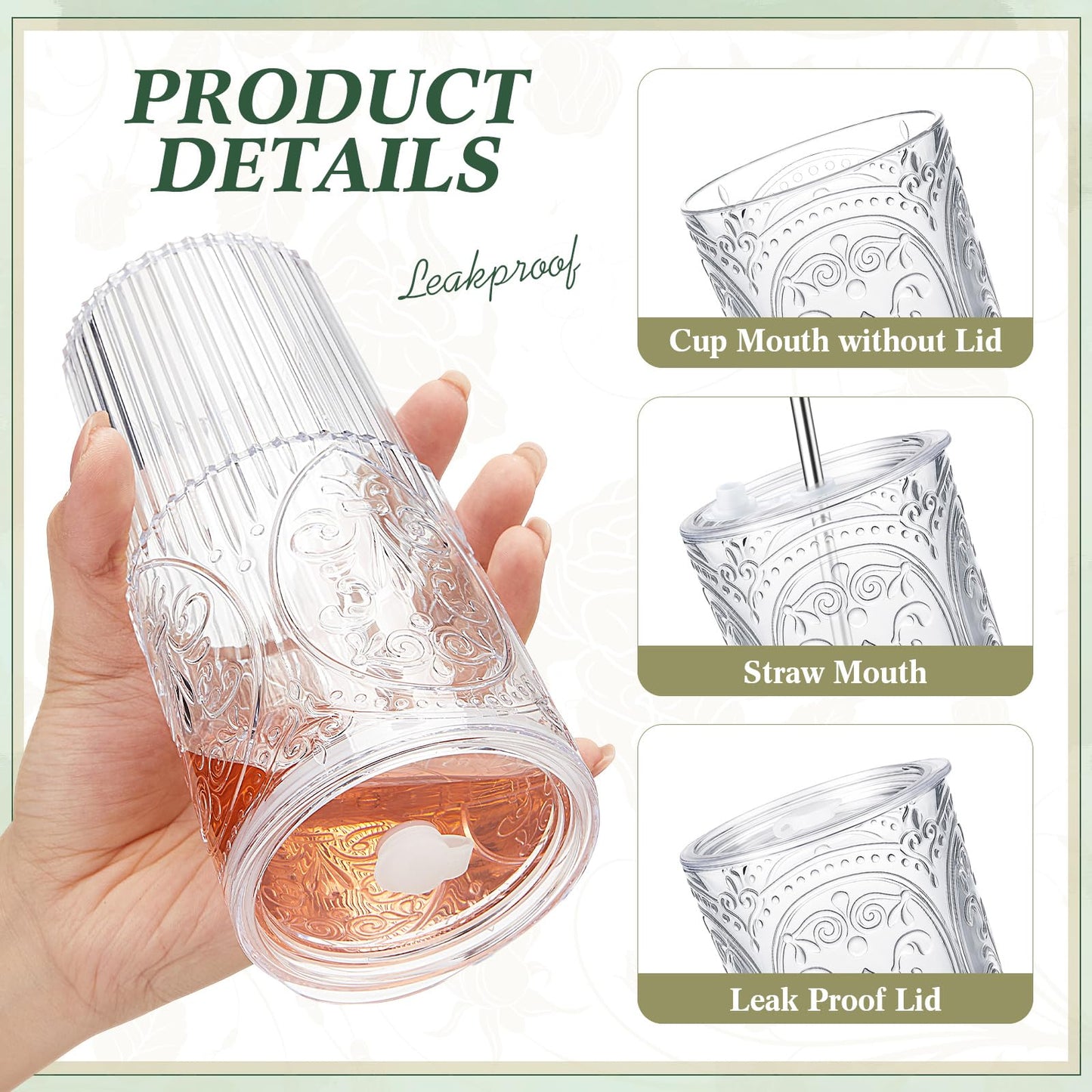 Acellegic 8 Set 20oz Vintage Plastic Tumbler with Lids and Straws Ribbed Floral Drinking Glasses Reusable Iced Coffee Cups for Water Juice Smoothie Cocktail Travel Party Events Gift (Clear)