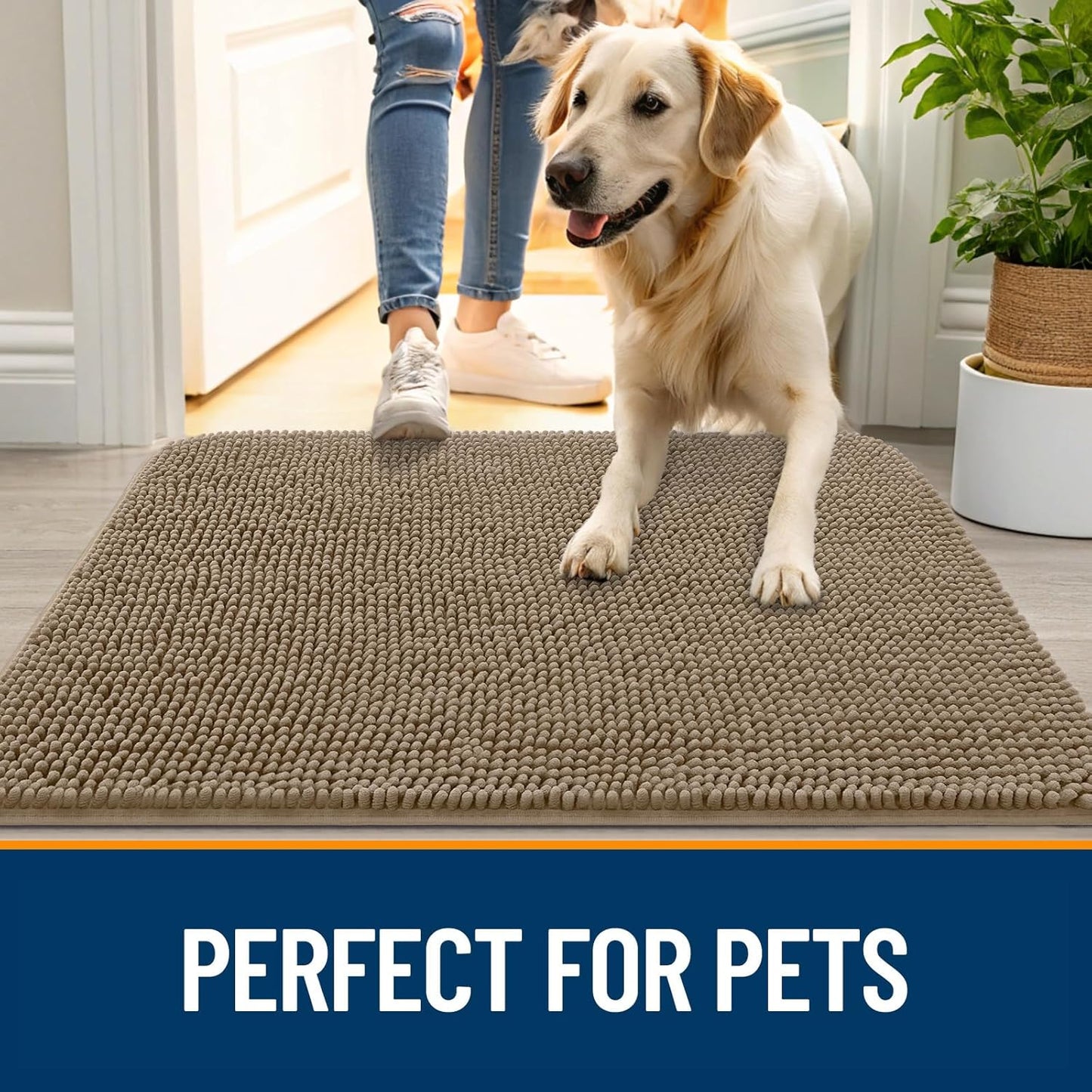 OLANLY Dog Door Mat - Absorbent Non-Slip Chenille Mat for Muddy Paws | 59x24 Tan Indoor Carpet