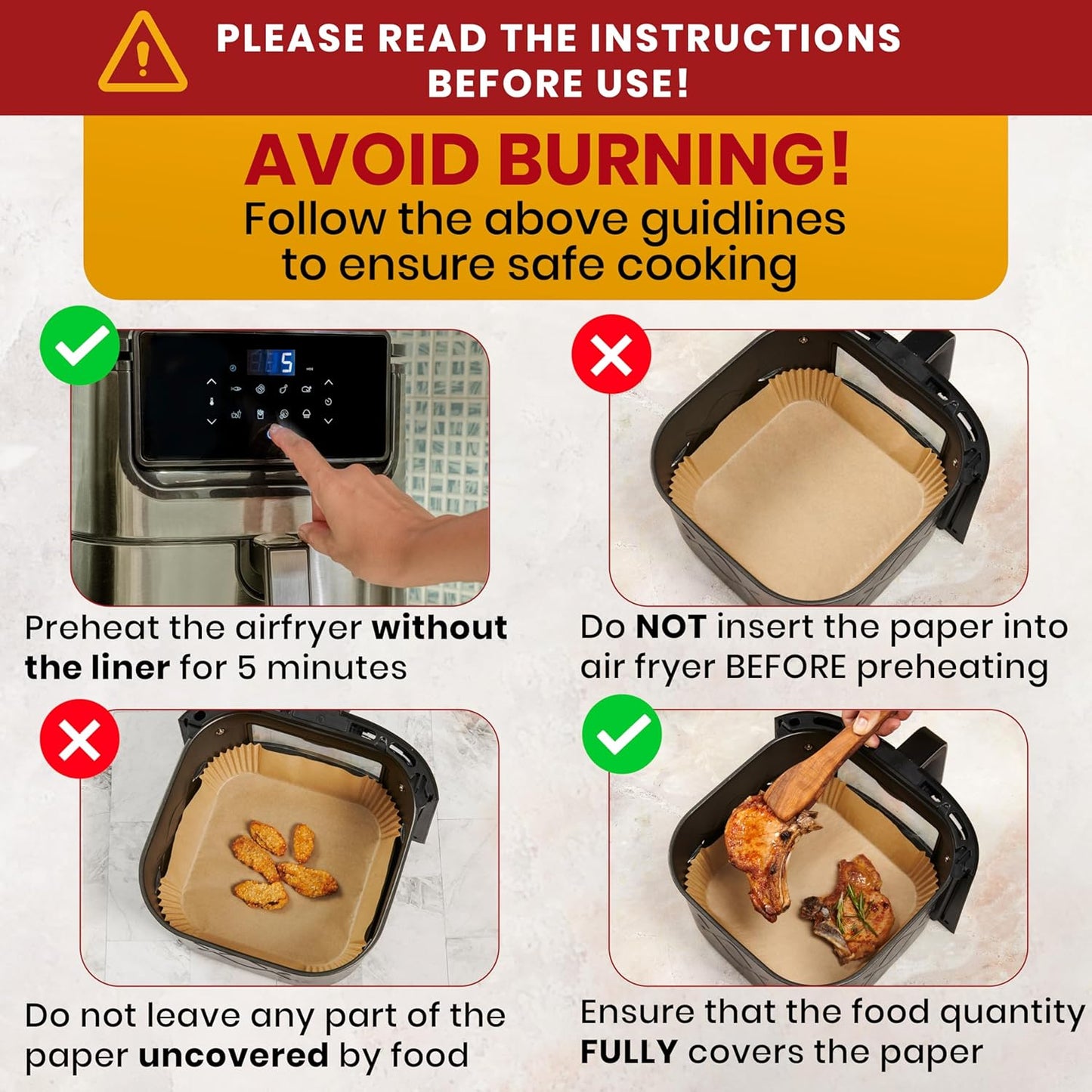 Skiennix Air Fryer Disposable Liners - Non-Stick & Oil Proof for Easy Cleanup | 125 Pcs, 8” Square for 5-8 Qt Basket