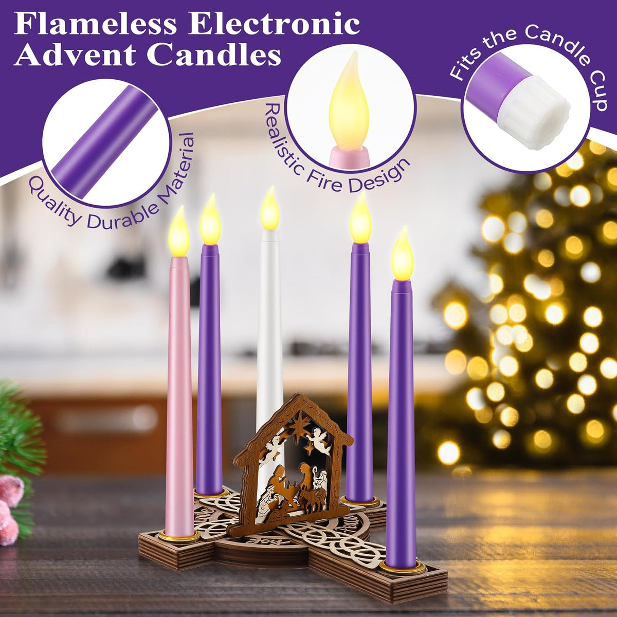 Skiennix Christmas Advent Wreath Candle Holder - 5 Pcs Flameless Candles & Wood Cross Nativity Scene Decor