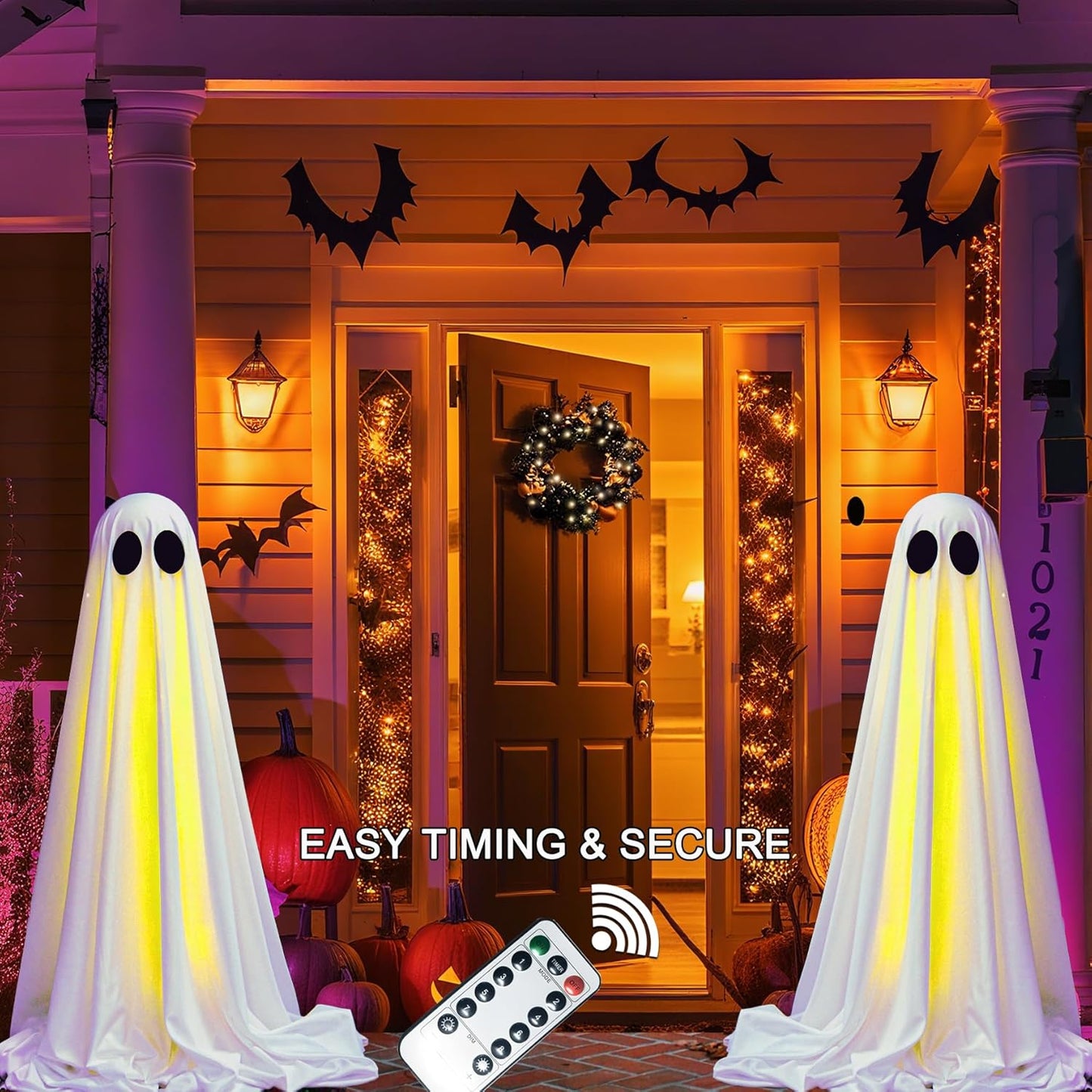 VersaCharm Halloween Ghost LED String Lights - Spooky Indoor/Outdoor Decor with Remote Control | 2 Pack, White