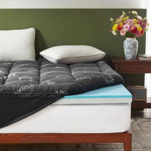 BEDLORE Memory Foam Mattress Topper - 4 Inch Dual Layer Design for Pressure Relief | Queen Size, Dark Gray