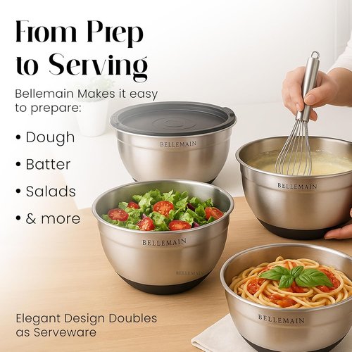 Bellemain Mixing Bowls Set - Stainless Steel Bowls with Airtight Lids | 3-Piece Kitchen Essentials