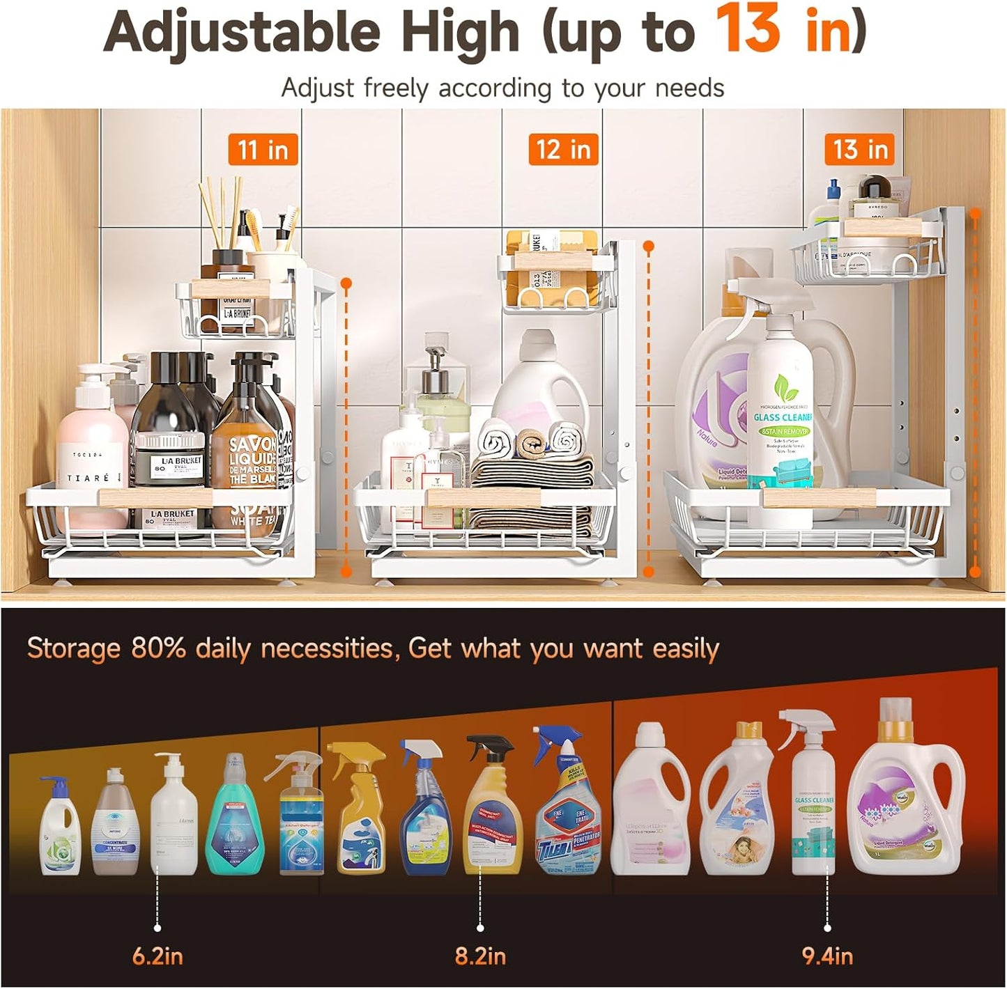 Sevenblue Under Sink Organizer - Height Adjustable 3-Tier Storage Shelf for Kitchen & Bathroom (White, Large)