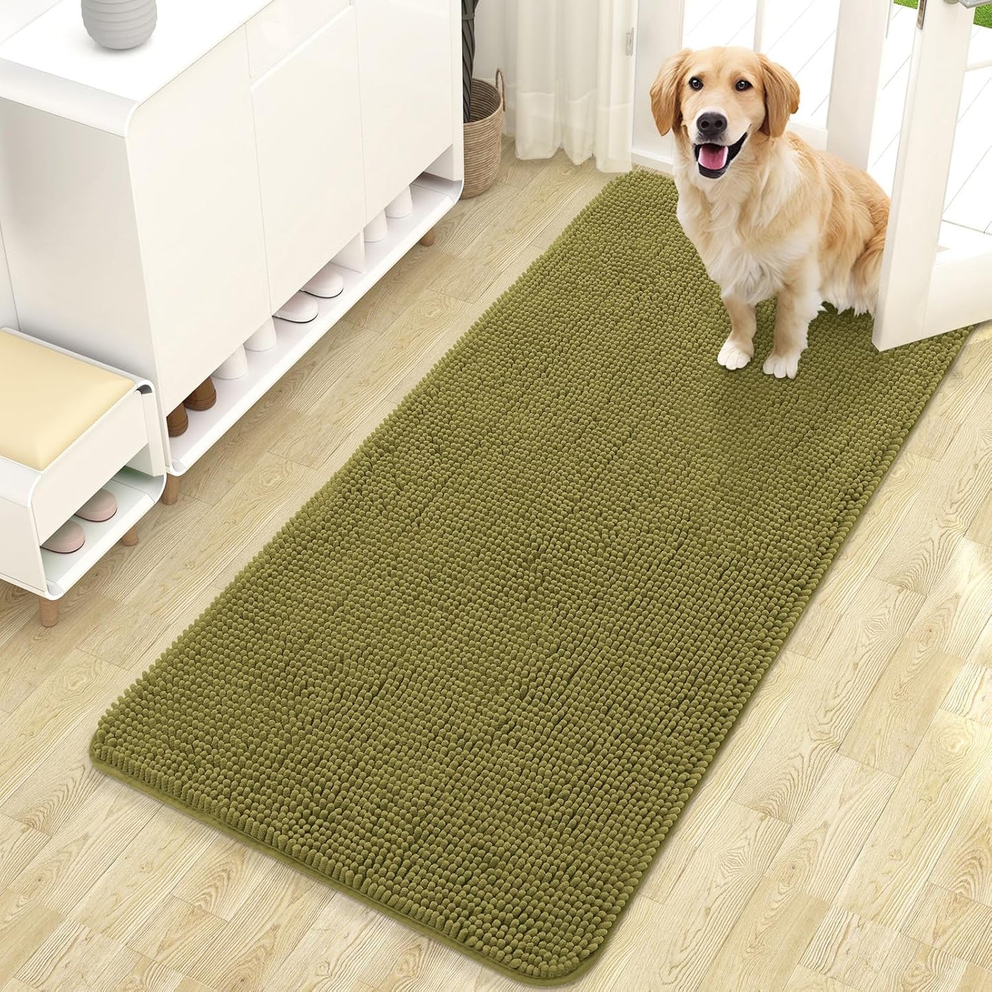 OLANLY Dog Door Mat - Absorbent Non-Slip Washable Doormat for Muddy Paws | 47x24, Willow Green
