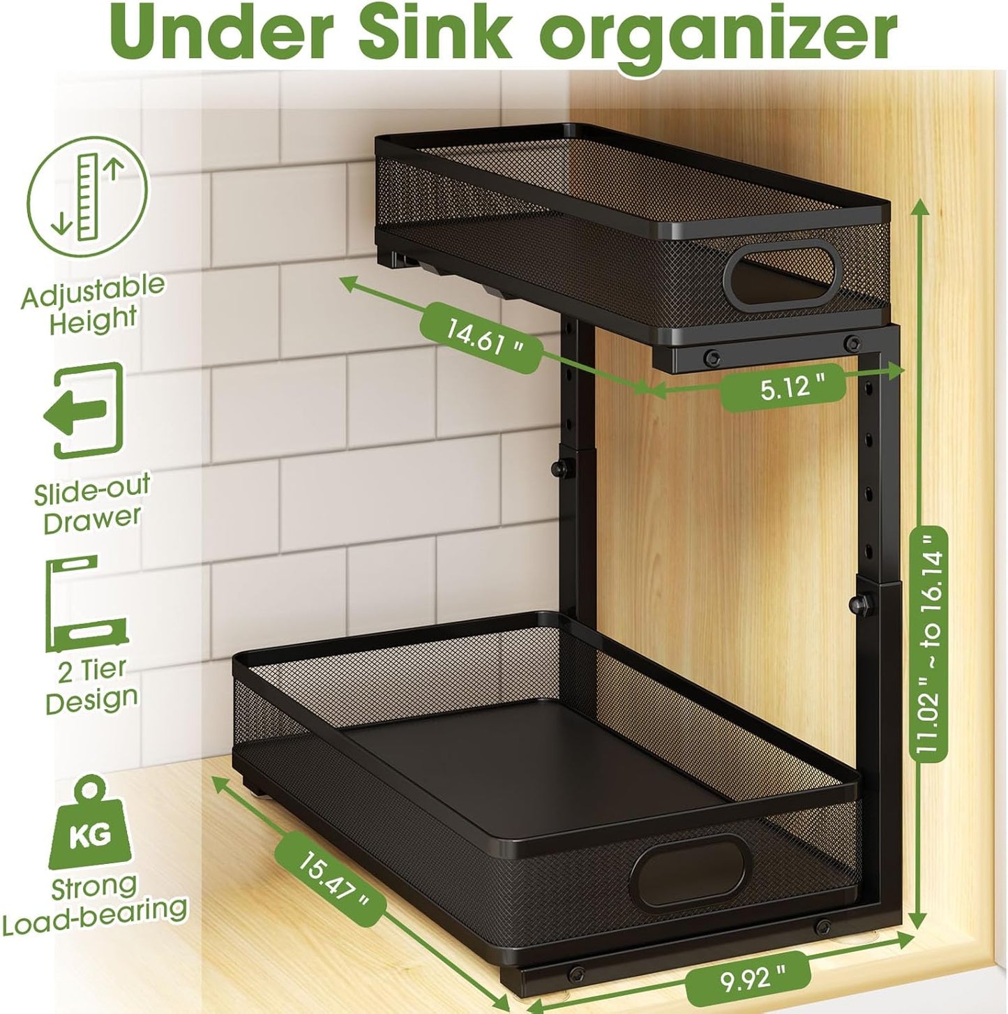 Under Sink Organizer by [Brand Name] - 2-Tier Metal Pull-Out Cabinet Shelf with Adjustable Height | Space-Saving Storage for Kitchen & Bathroom