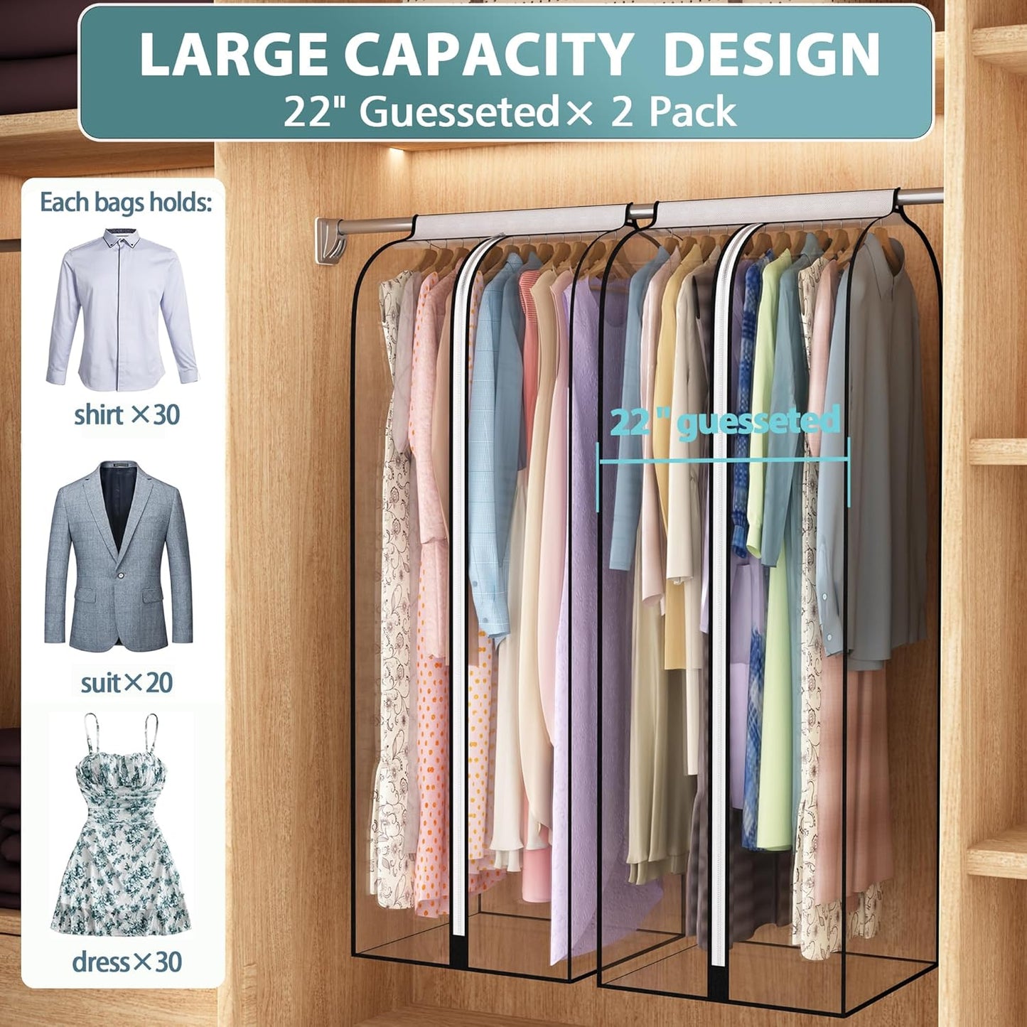 Liuoud 22” Garment Bags - Clear Hanging Clothes Covers for Closet Storage | 2 Pack, 60” Long